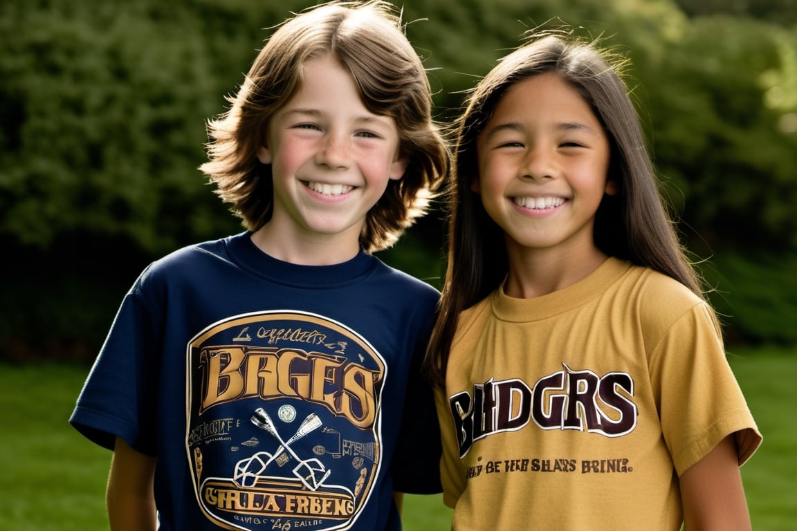 12 year old Irish American boy with short brown hair wearing a t shirt, with his best friend who is a 11 year old Asian American feminine girl with long hair.