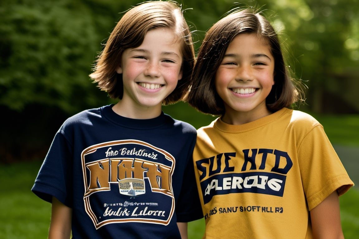 13 year old Irish American boy with short brown hair wearing a t shirt, with his best friend who is a 12 year old Asian American tomboy girl with short hair.