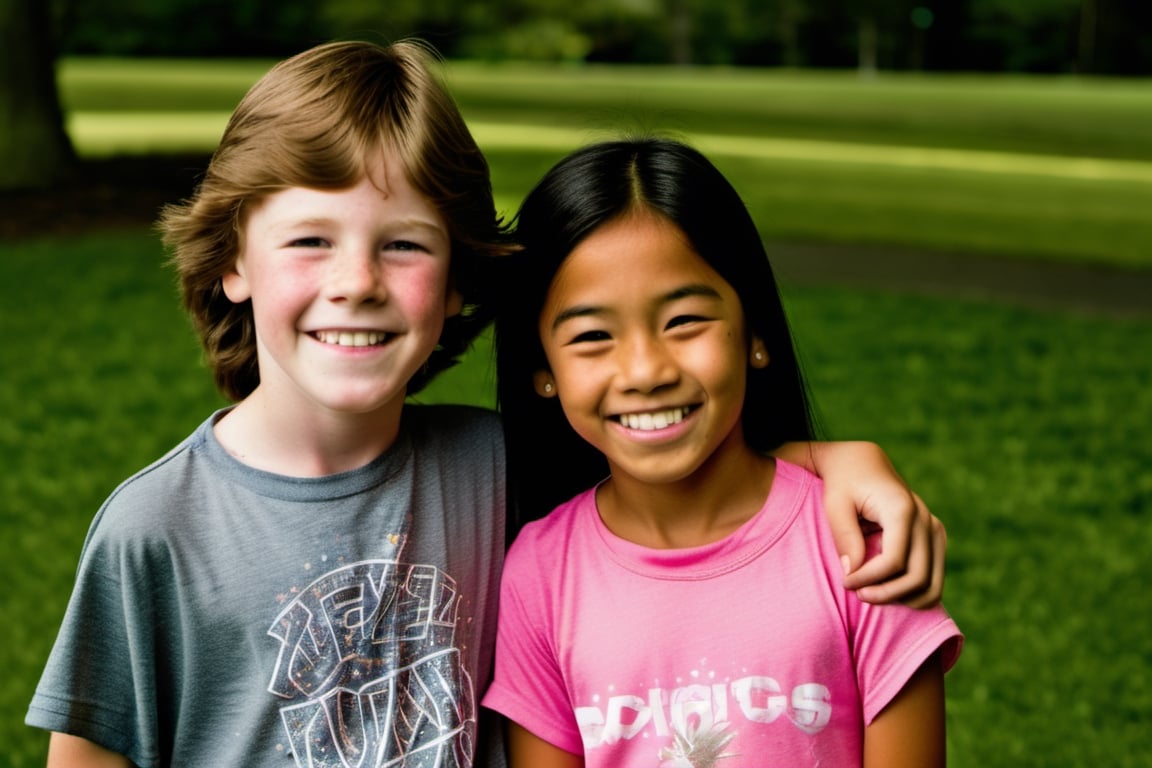 12 year old Irish American boy with brown hair wearing a t shirt, with his best friend who is a 11 year old Asian American girly girl wearing a dress,