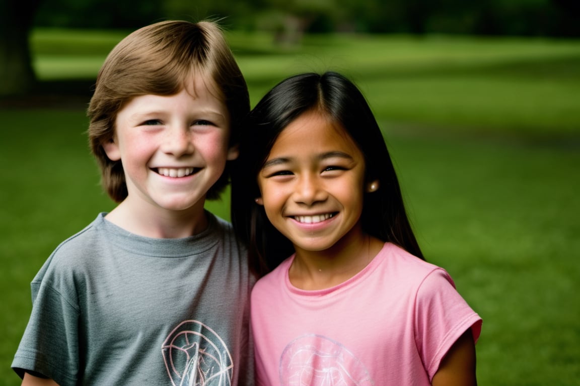 10 year old Irish American boy with brown hair wearing a t shirt, with his best friend who is a 9 year old Asian American girly girl wearing a dress,