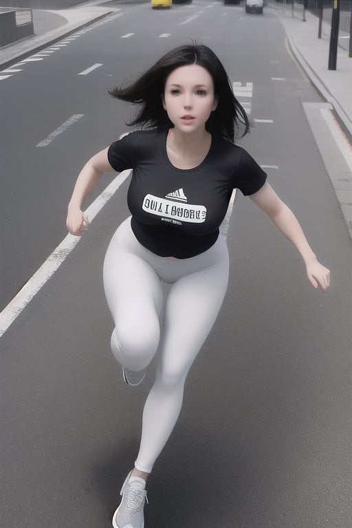 a hot weightless white girl with large breasts and dark hair flying and floating while wearing a pair of leggings, running shoes, and a T-shirt as she levitates in the city and floats high above the sidewalk as she leans forward and flirtatiously floats by