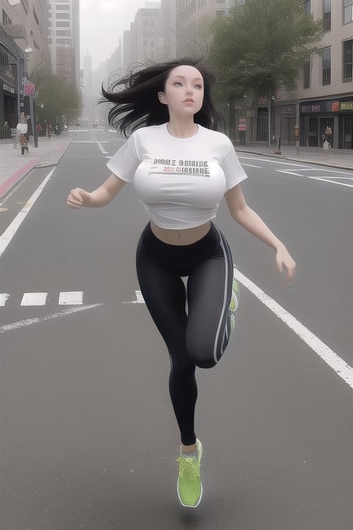 a hot weightless white girl with large breasts and dark hair flying and floating while wearing a pair of leggings, running shoes, and a T-shirt as she levitates in the city and floats high above the sidewalk as she leans forward and flirtatiously floats by