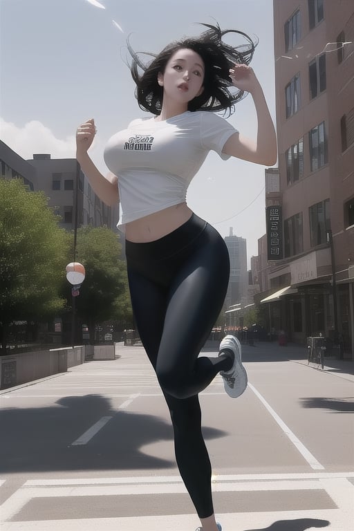 a hot weightless white girl with large breasts and dark hair flying and floating while wearing a pair of leggings, running shoes, and a T-shirt as she levitates in the city and floats high above the sidewalk as she leans back and flirtatiously floats by