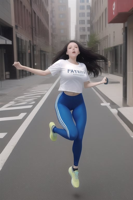 a hot weightless white girl with large breasts and dark hair flying and floating while wearing a pair of leggings, running shoes, and a T-shirt as she levitates in the city and floats high above the sidewalk as she flirtatiously floats by