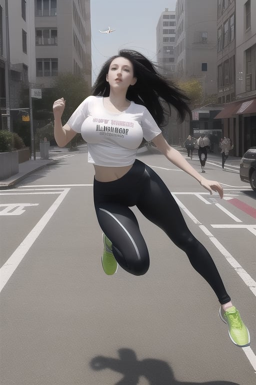 a hot weightless white girl with large breasts and dark hair flying and floating while wearing a pair of leggings, running shoes, and a T-shirt as she levitates in the city and floats high above the sidewalk as she flirtatiously floats by