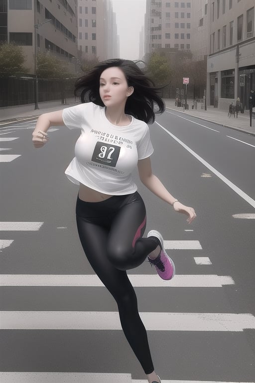 a hot weightless white girl with large breasts and dark hair flying and floating while wearing a pair of leggings, running shoes, and a T-shirt as she levitates in the city and floats high above the sidewalk as she leans back and flirtatiously floats by