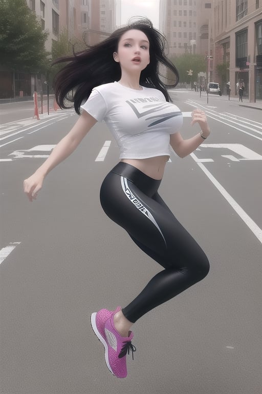 a hot weightless white girl with large breasts and dark hair flying and floating while wearing a pair of leggings, running shoes, and a T-shirt as she levitates in the city and floats high above the sidewalk as she leans back and flirtatiously floats by