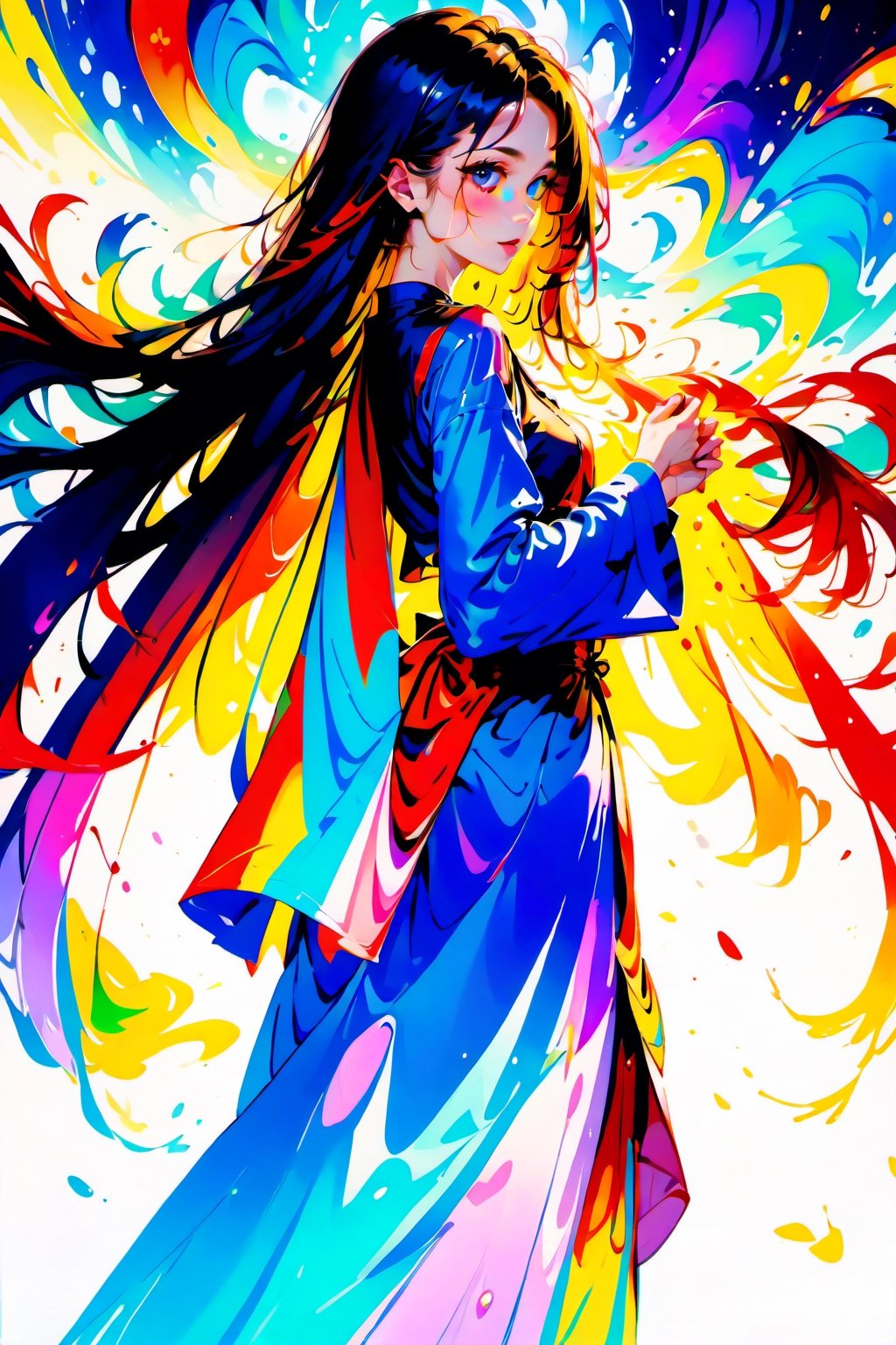 a female standing in middle,5_figners,long_hair,beauty,colorful