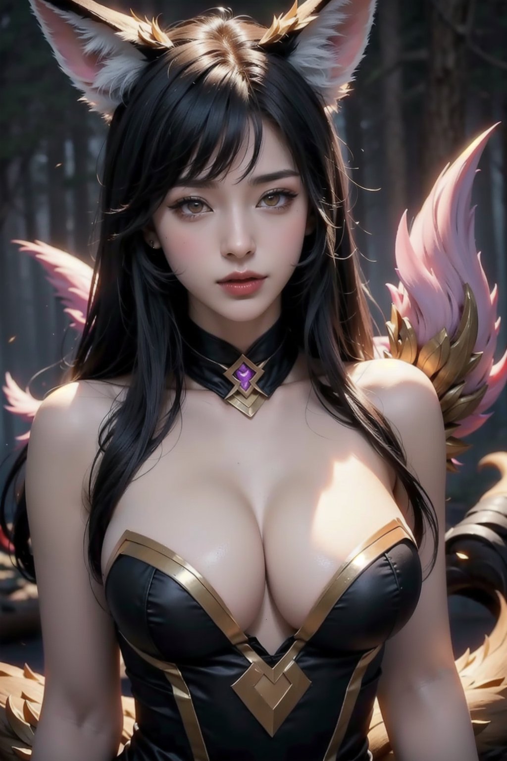 ah1,Ahri,fennec fox,fox tail,5_figners,black_hair,yellow eyes ,lure,league_of_legends_ahri,large breasts, ah1,black_fox_ears,fishnet top