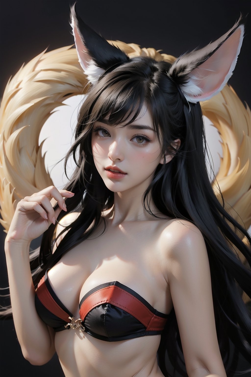 ah1,Ahri,fennec fox,fox tail,5_figners,black_hair,yellow eyes ,lure,league_of_legends_ahri,large breasts, ah1,black_fox_ears,serafuku