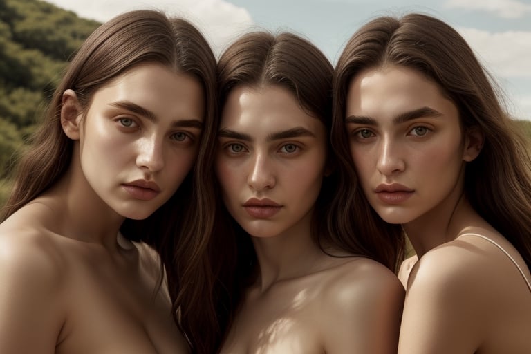 3girls, faces, head, bare shoulders, upper body, closeup, cleavage, topless, European, andenhud, natural lighting