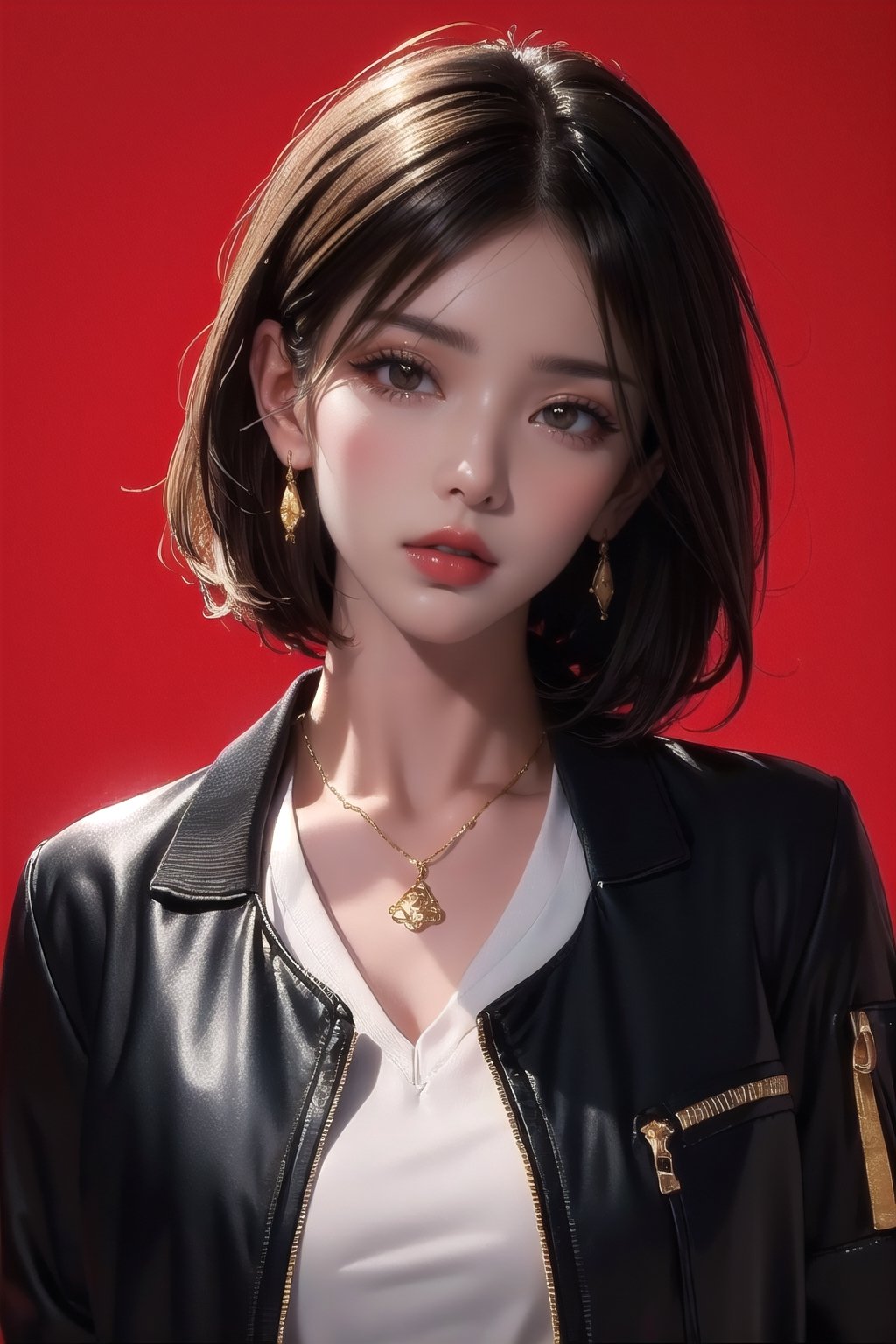 SCORE_9, SCORE_8_UP, SCORE_7_UP, SCORE_6_UP,
BEST QUALITY, HIGHRES, ABSURDRES, 4K, 8K, 64K,
MASTERPIECE, SUPER DETAIL, INTRICATE_DETAILS, PERFECTEYES, 

1girl, solo, (((looking down))), short hair, (((simple background))), brown hair, shirt, black hair, gold jewelry, jacket, white shirt, upper_body, gold earrings, parted lips, white collared shirt, medium hair, gold necklace, (((black jacket))), head tilt, makeup, suit, soft lipstick, (((red background))), soft red lips, front_view, chin_up, paint_(artwork), oil painting, cynical, eye_half_opened, sexy, ,1 girl 