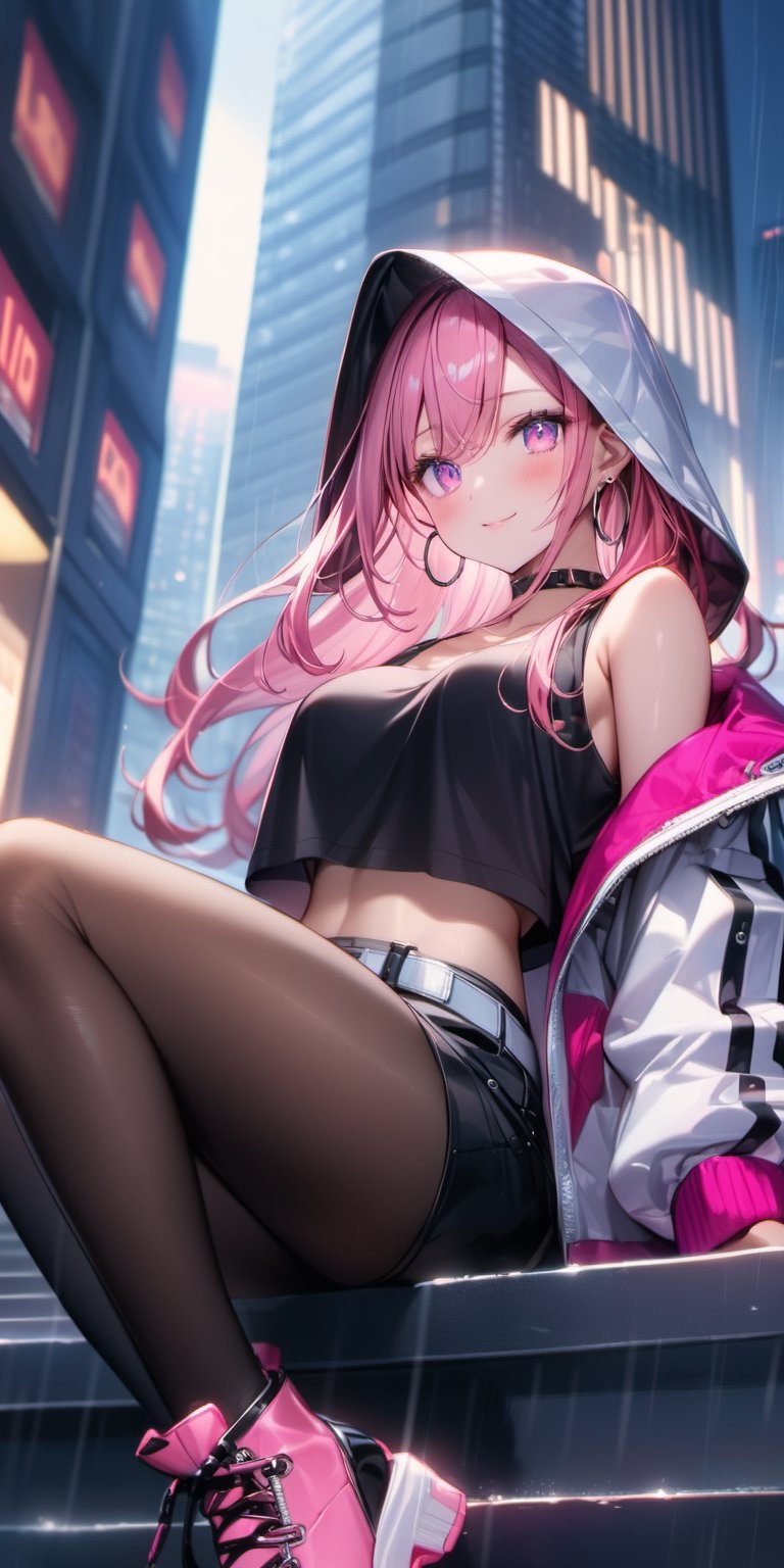 BEST QUALITY, HIGHRES, ABSURDRES, HIGH_RESOLUTION, MASTERPIECE, SUPER DETAIL, HYPER DETAIL, INTRICATE_DETAILS, PERFECTEYES, DARK EYELASHES, EYELINER, SOFT GLOWING EYES, 64K, SCORE_9,

1girl, long_hair, jacket, pink_hair, midriff, crop_top, solo, looking_at_viewer, shoes, building, sitting, belt, weapon, black_shirt, shorts, hood, smile, nail_polish, long_sleeves, boots, black_shorts, choker, full_body, holding, bare_shoulders, jewelry, backlighting, sneakers, shirt, navel, pantyhose, breasts, pink_footwear, black_legwear, pink_jacket, off_shoulder, outdoors, skyscraper, open_jacket, hair_between_eyes, pink_eyes, from_below, open_clothes, night, pants, closed_mouth, stairs, pink_nails, sword, multicolored_hair, earrings, bangs, neon_lights, virtual_youtuber, lace-up_boots, city, window, black_pants, hat, medium_breasts, black_footwear, holding_weapon, collarbone, hood_up, sleeveless_shirt, indoors, railing, stomach, sleeveless, white_jacket, short_shorts, black_jacket, thighhighs, blush, cityscape, chain, cross-laced_footwear, long_legs, blurry, eyebrows_visible_through_hair, crossed_legs, black_skirt, skirt, ground_vehicle, puffy_sleeves, crop_top_overhang, sidelocks, high_heels, day, leaning_back, sleeves_past_wrists, rain, mole, black_choker, large_breasts, bag, hoop_earrings, shadow, white_belt, purple_eyes, ring, depth_of_field,anime