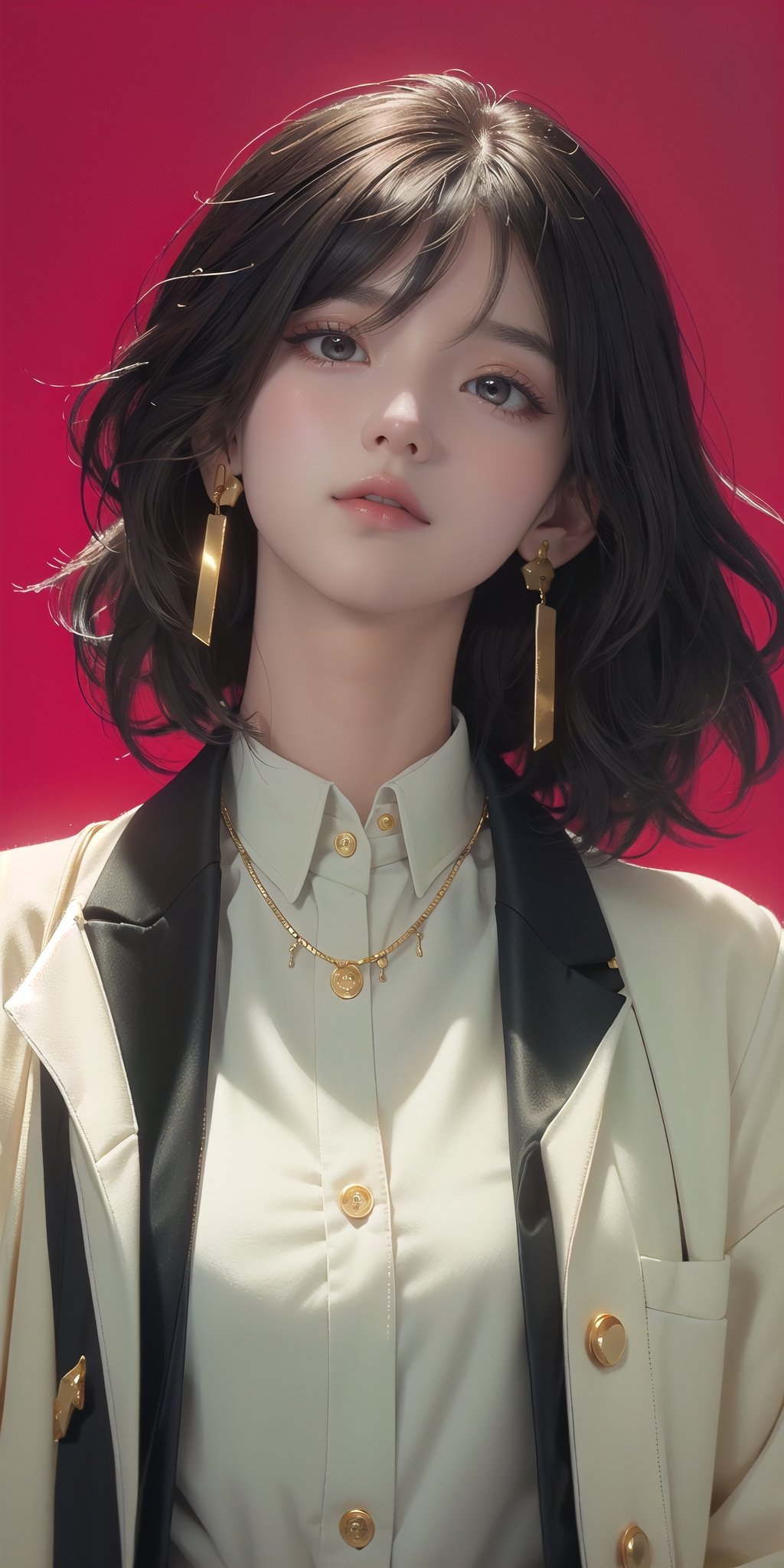 SCORE_9, SCORE_8_UP, SCORE_7_UP, SCORE_6_UP,
BEST QUALITY, HIGHRES, ABSURDRES, 4K, 8K, 64K,
MASTERPIECE, SUPER DETAIL, INTRICATE_DETAILS, PERFECTEYES, 

1girl, solo, (((looking at viewer))), short hair, (((simple background))), brown hair, shirt, black hair, gold jewelry, jacket, white shirt, upper_body, gold earrings, parted lips, white collared shirt, medium hair, gold necklace, (((black jacket))), head tilt, makeup, suit, soft lipstick, (((red background))), soft red lips, front_view, chin_up, paint_(artwork), oil painting, cynical, eye_half_opened,