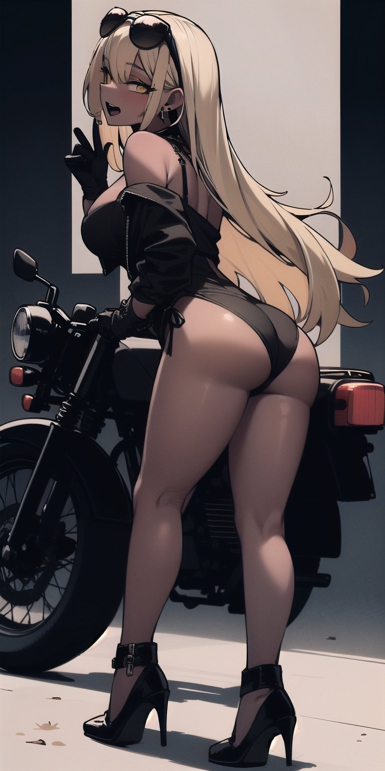 BEST QUALITY, HIGHRES, ABSURDRES, HIGH_RESOLUTION, MASTERPIECE, SUPER DETAIL, HYPER DETAIL, INTRICATE_DETAILS, PERFECTEYES, DARK EYELASHES, EYELINER, SOFT GLOWING EYES, 64K,

1girl, solo, long hair, breasts, looking at viewer, open mouth, bangs, blonde hair, simple background, gloves, holding, bare shoulders, jewelry, jacket, swimsuit, full body, yellow eyes, ass, earrings, black gloves, looking back, off shoulder, black footwear, high heels, black jacket, leaning forward, sunglasses, black background, ground vehicle, motor vehicle, hoop earrings, eyewear removed, motorcycle, holding eyewear, leather jacket, on motorcycle, view_from_away,