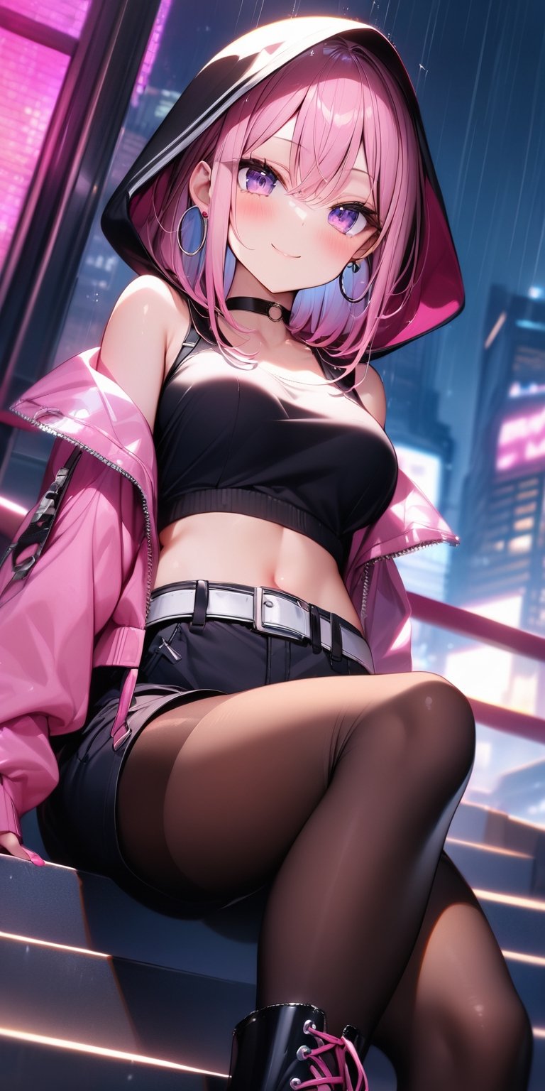 BEST QUALITY, HIGHRES, ABSURDRES, HIGH_RESOLUTION, MASTERPIECE, SUPER DETAIL, HYPER DETAIL, INTRICATE_DETAILS, PERFECTEYES, DARK EYELASHES, EYELINER, SOFT GLOWING EYES, 64K, SCORE_9,

1girl, long_hair, jacket, pink_hair, midriff, crop_top, solo, looking_at_viewer, shoes, building, sitting, belt, weapon, black_shirt, shorts, hood, smile, nail_polish, long_sleeves, boots, black_shorts, choker, full_body, holding, bare_shoulders, jewelry, backlighting, sneakers, shirt, navel, pantyhose, breasts, pink_footwear, black_legwear, pink_jacket, off_shoulder, outdoors, skyscraper, open_jacket, hair_between_eyes, pink_eyes, from_below, open_clothes, night, pants, closed_mouth, stairs, pink_nails, sword, multicolored_hair, earrings, bangs, neon_lights, virtual_youtuber, lace-up_boots, city, window, black_pants, hat, medium_breasts, black_footwear, holding_weapon, collarbone, hood_up, sleeveless_shirt, indoors, railing, stomach, sleeveless, white_jacket, short_shorts, black_jacket, thighhighs, blush, cityscape, chain, cross-laced_footwear, long_legs, blurry, eyebrows_visible_through_hair, crossed_legs, black_skirt, skirt, ground_vehicle, puffy_sleeves, crop_top_overhang, sidelocks, high_heels, day, leaning_back, sleeves_past_wrists, rain, mole, black_choker, large_breasts, bag, hoop_earrings, shadow, white_belt, purple_eyes, ring, depth_of_field, darker