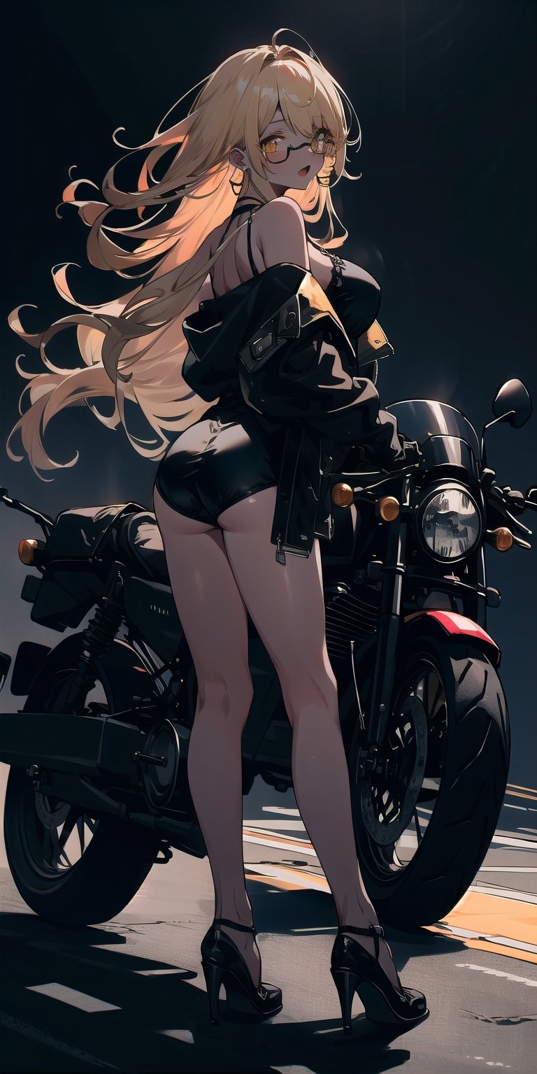 BEST QUALITY, HIGHRES, ABSURDRES, HIGH_RESOLUTION, MASTERPIECE, SUPER DETAIL, HYPER DETAIL, INTRICATE_DETAILS, PERFECTEYES, DARK EYELASHES, EYELINER, SOFT GLOWING EYES, 64K,

1girl, solo, long hair, breasts, looking at viewer, open mouth, bangs, blonde hair, simple background, gloves, holding, bare shoulders, jewelry, jacket, swimsuit, full body, yellow eyes, ass, earrings, black gloves, looking back, off shoulder, black footwear, high heels, black jacket, leaning forward, sunglasses, black background, ground vehicle, motor vehicle, hoop earrings, eyewear removed, motorcycle, holding eyewear, leather jacket, on motorcycle, view_from_away,best quality