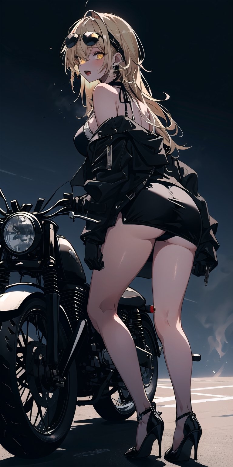 BEST QUALITY, HIGHRES, ABSURDRES, HIGH_RESOLUTION, MASTERPIECE, SUPER DETAIL, HYPER DETAIL, INTRICATE_DETAILS, PERFECTEYES, DARK EYELASHES, EYELINER, SOFT GLOWING EYES, 64K,

1girl, solo, long hair, breasts, looking at viewer, open mouth, bangs, blonde hair, simple background, gloves, holding, bare shoulders, jewelry, jacket, swimsuit, full body, yellow eyes, ass, earrings, black gloves, looking back, off shoulder, black footwear, high heels, black jacket, leaning forward, sunglasses, black background, ground vehicle, motor vehicle, hoop earrings, eyewear removed, motorcycle, holding eyewear, leather jacket, on motorcycle, view_from_away