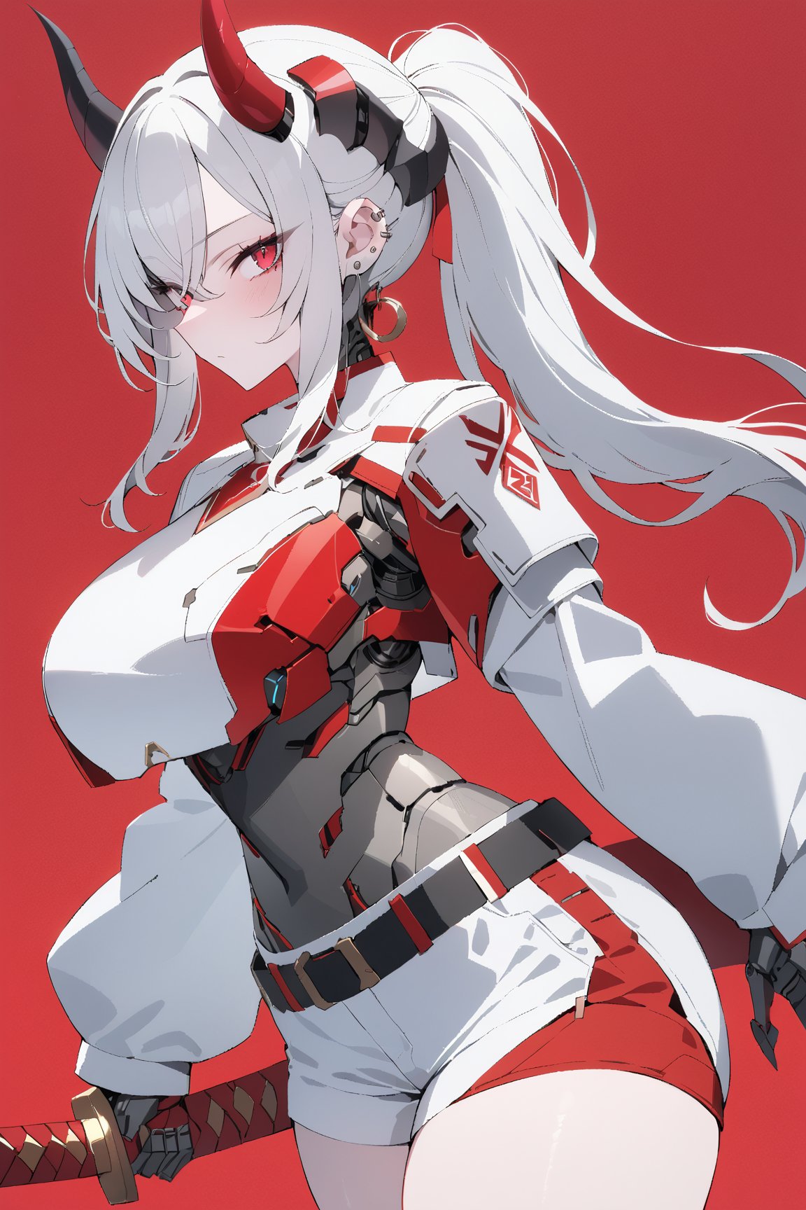 SCORE_9, SCORE_8_UP, SCORE_7_UP, SCORE_6_UP,

MASTERPIECE, BEST QUALITY, HIGH QUALITY, 
HIGHRES, ABSURDRES, PERFECT COMPOSITION,
INTRICATE DETAILS, ULTRA-DETAILED,
PERFECT FACE, PERFECT EYES,
NEWEST, 

full_body, red_background, sword, horns, weapon, 1girl, solo, sheath, ponytail, sheathed, red_eyes, katana, jewelry, earrings, white_hair, scabbard, holding_weapon, long_sleeves, simple_background, long_hair, holding_sword, standing, white_coat, ear_piercing, side_view, closed_mouth, holding, cowboy_shot, piercing, white_shorts, crop_jacket, pale_skin, belt, devil_horns, sleeves_past_wrists, mechanical_hand, cyborg, large_boobs, futuristic armor, breast_plate,