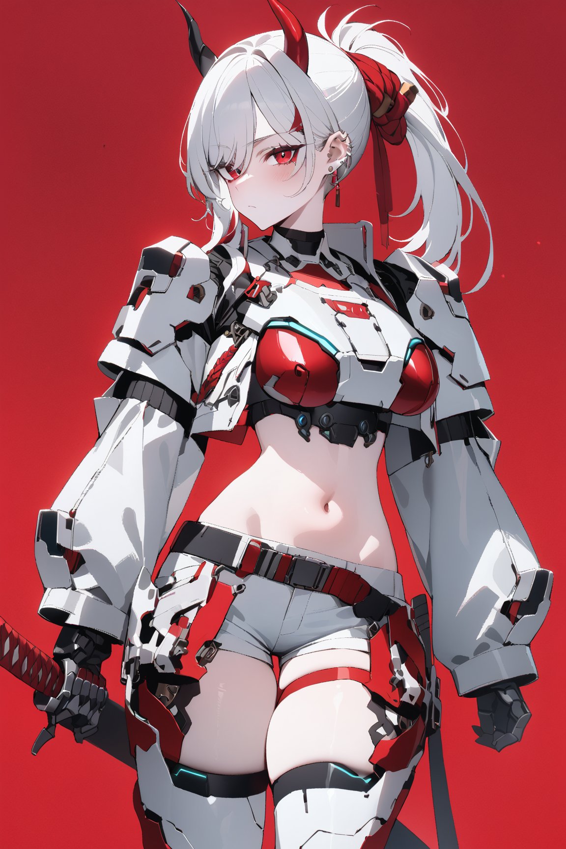 SCORE_9, SCORE_8_UP, SCORE_7_UP, SCORE_6_UP,

MASTERPIECE, BEST QUALITY, HIGH QUALITY, 
HIGHRES, ABSURDRES, PERFECT COMPOSITION,
INTRICATE DETAILS, ULTRA-DETAILED,
PERFECT FACE, PERFECT EYES,
NEWEST, 

full_body, red_background, sword, horns, weapon, 1girl, solo, sheath, ponytail, sheathed, red_eyes, katana, jewelry, earrings, white_hair, scabbard, holding_weapon, long_sleeves, simple_background, long_hair, holding_sword, standing, white_coat, ear_piercing, side_view, closed_mouth, holding, cowboy_shot, piercing, white_shorts, crop_jacket, pale_skin, belt, devil_horns, sleeves_past_wrists, mechanical_hand, large_boobs, armor, futuristic_armor, breast_plate, breast_armor
