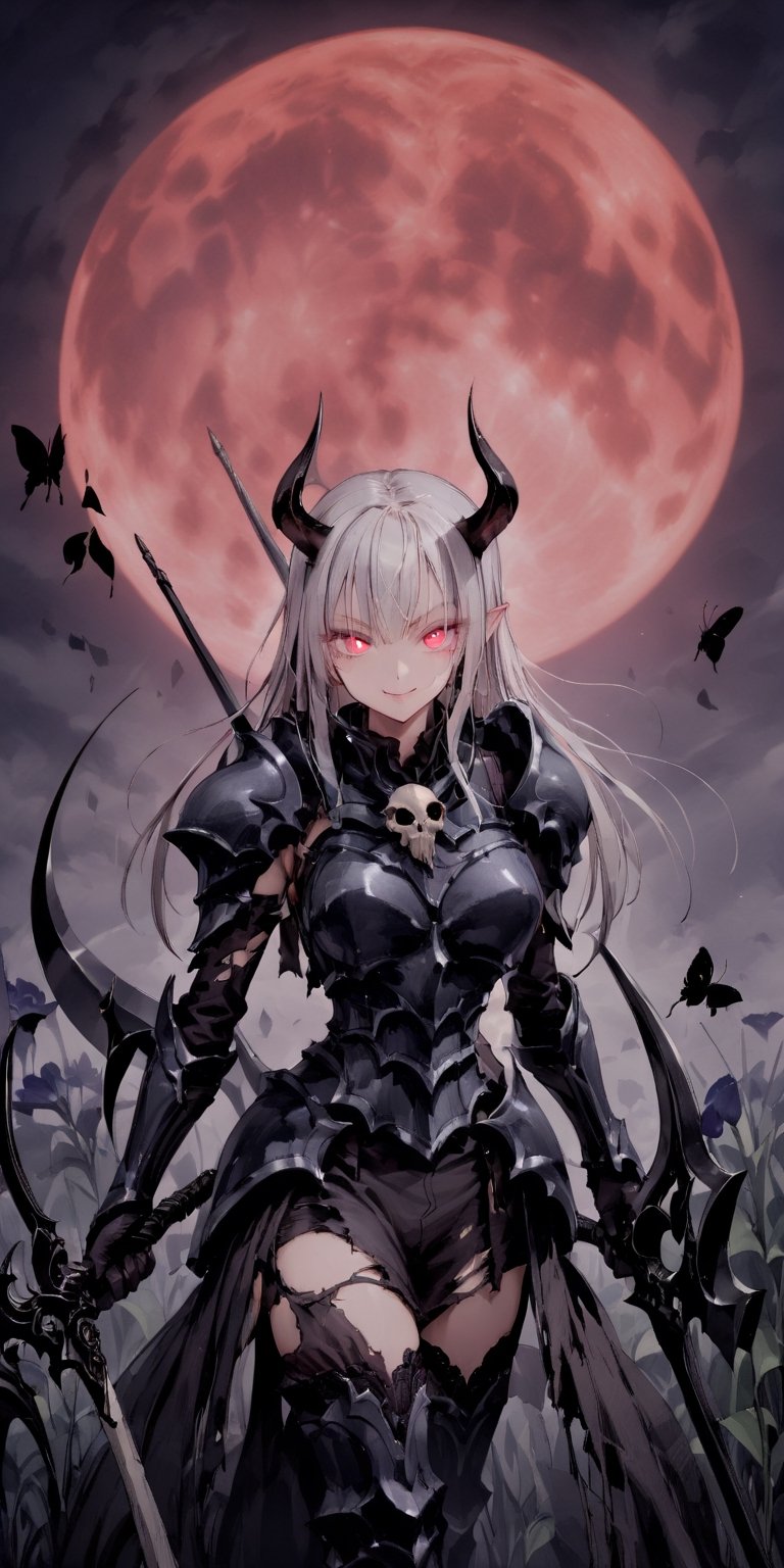 BEST QUALITY, HIGHRES, ABSURDRES, HIGH_RESOLUTION, MASTERPIECE, SUPER DETAIL, HYPER DETAIL, INTRICATE_DETAILS, PERFECTEYES, DARK EYELASHES, EYELINER, SOFT GLOWING EYES, 64K, SCORE_9,

moon, weapon, full_moon, insect, bug, butterfly, solo, holding, holding_weapon, standing, glowing, sword, armor, crescent_moon, glowing_eyes, 1girl, full_body, red_moon, looking_at_viewer, night, polearm, long_hair, shoulder_armor, holding_sword, petals, red_eyes, sky, gauntlets, scythe, pauldrons, flower, horns, white_hair, full_armor, torn_clothes, black_armor, closed_mouth, skull, bloody_weapon, greaves, huge_weapon, holding_scythe, over_shoulder, jewelry, night_sky, animal_ears, black_hair, dual_wielding, breastplate, very_long_hair, smile, spear, mature_female, mature_woman, hourglass_figure