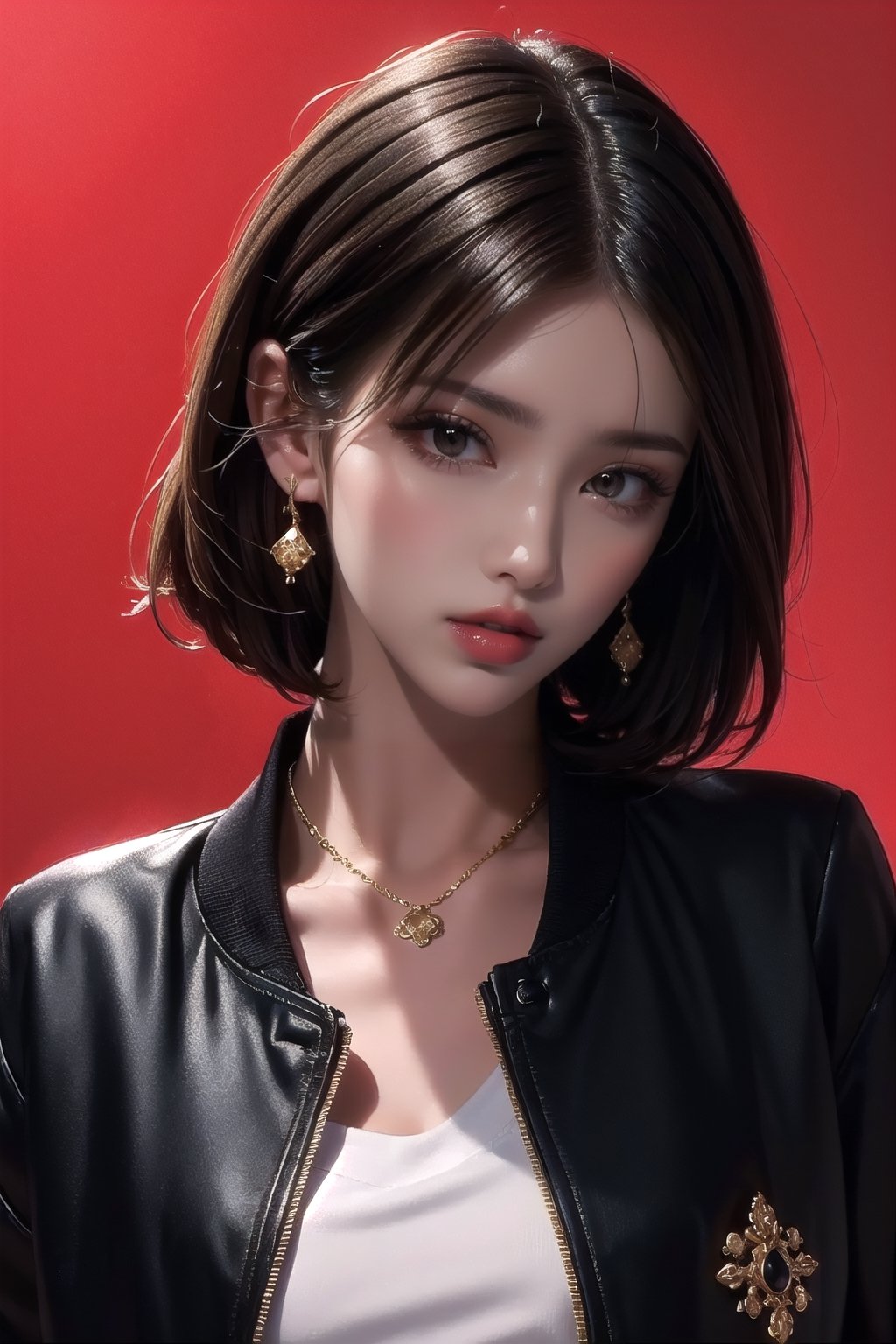 SCORE_9, SCORE_8_UP, SCORE_7_UP, SCORE_6_UP,
BEST QUALITY, HIGHRES, ABSURDRES, 4K, 8K, 64K,
MASTERPIECE, SUPER DETAIL, INTRICATE_DETAILS, PERFECTEYES, 

1girl, solo, (((looking down))), short hair, (((simple background))), brown hair, shirt, black hair, gold jewelry, jacket, white shirt, upper_body, gold earrings, parted lips, white collared shirt, medium hair, gold necklace, (((black jacket))), head tilt, makeup, suit, soft lipstick, (((red background))), soft red lips, front_view, chin_up, paint_(artwork), oil painting, cynical, eye_half_opened, sexy, ,1 girl 
