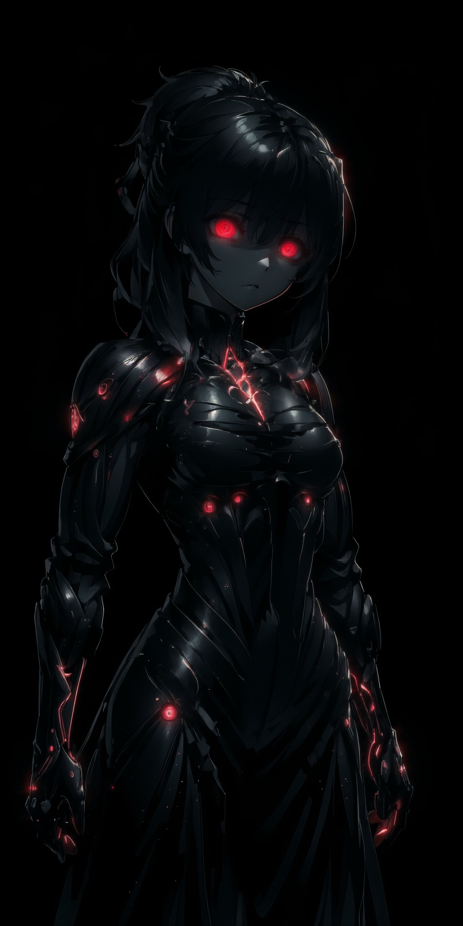 BEST QUALITY, HIGHRES, ABSURDRES, HIGH_RESOLUTION, MASTERPIECE, SUPER DETAIL, HYPER DETAIL, INTRICATE_DETAILS, LIGNE_CLAIRE, PERFECTEYES, DARK EYELASHES, EYELINER, SOFT GLOWING EYES,

mature_female, tight_clothes, (slicked_back_hair:1.4),
simple_background, glow_in_the_dark, glowing, glowingveins, (glowing eyes:1.4), super dark theme, dark_background, no lighting, shaded face, (red_eye:1.4), laser, led