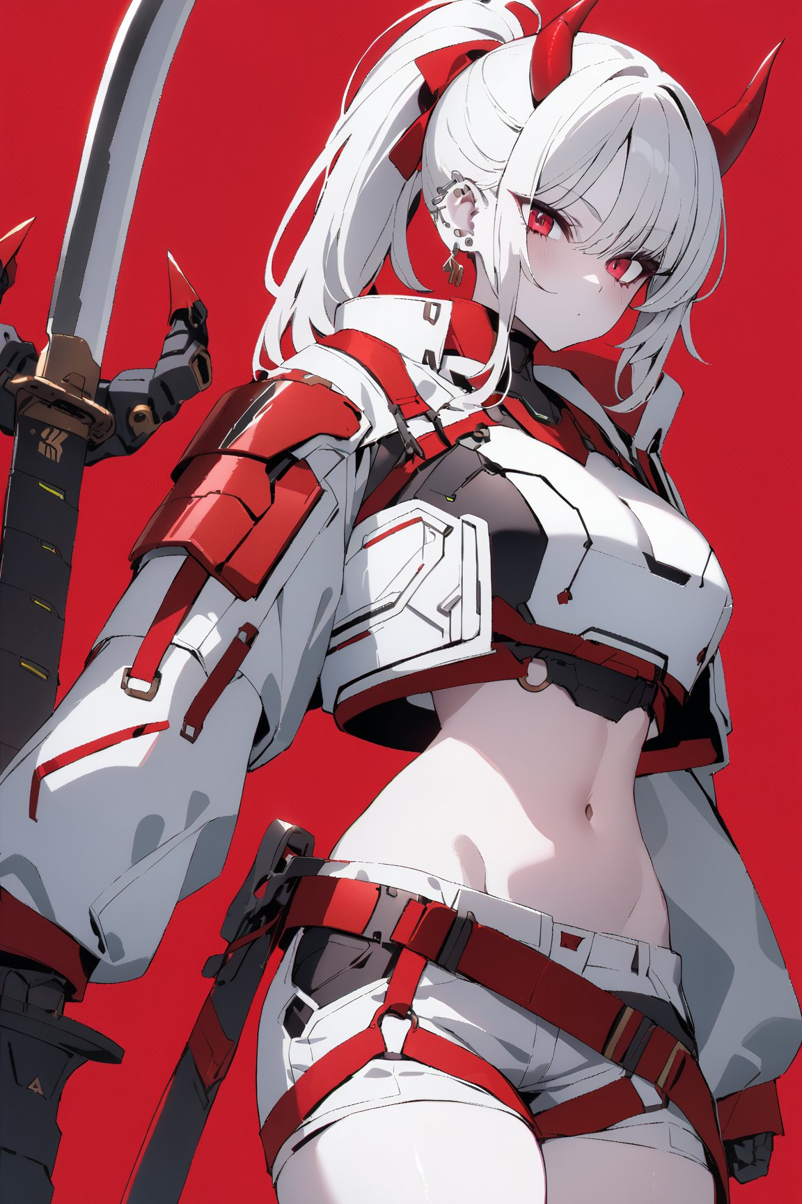 SCORE_9, SCORE_8_UP, SCORE_7_UP, SCORE_6_UP,

MASTERPIECE, BEST QUALITY, HIGH QUALITY, 
HIGHRES, ABSURDRES, PERFECT COMPOSITION,
INTRICATE DETAILS, ULTRA-DETAILED,
PERFECT FACE, PERFECT EYES,
NEWEST, 

full_body, red_background, sword, horns, weapon, 1girl, solo, sheath, ponytail, sheathed, red_eyes, katana, jewelry, earrings, white_hair, scabbard, holding_weapon, long_sleeves, simple_background, long_hair, holding_sword, standing, white_coat, ear_piercing, side_view, closed_mouth, holding, piercing, white_shorts, crop_jacket, pale_skin, belt, devil_horns, sleeves_past_wrists, mechanical_hand, large_boobs, armor, futuristic_armor, breast_plate, breast_armor, TechStreetwear