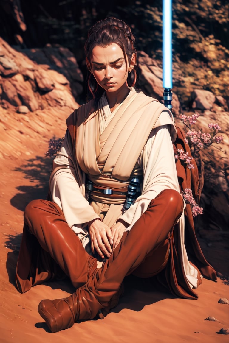 (Jedi meditation:1.3), serene photo,1girl, Jedi master in deep meditation,  in jedioutfit, sitting cross-legged,  (desert oasis:1.1), surrounded by blooming desert flowers, harmonizing with the Force, spiritual retreat, transcendent tranquility, desert enlightenment,  Absurdres, hdr, ultra detailed illustration, extremely detailed face, RAW photo, film grain, skin pores, trending on deviantart, jedioutfit