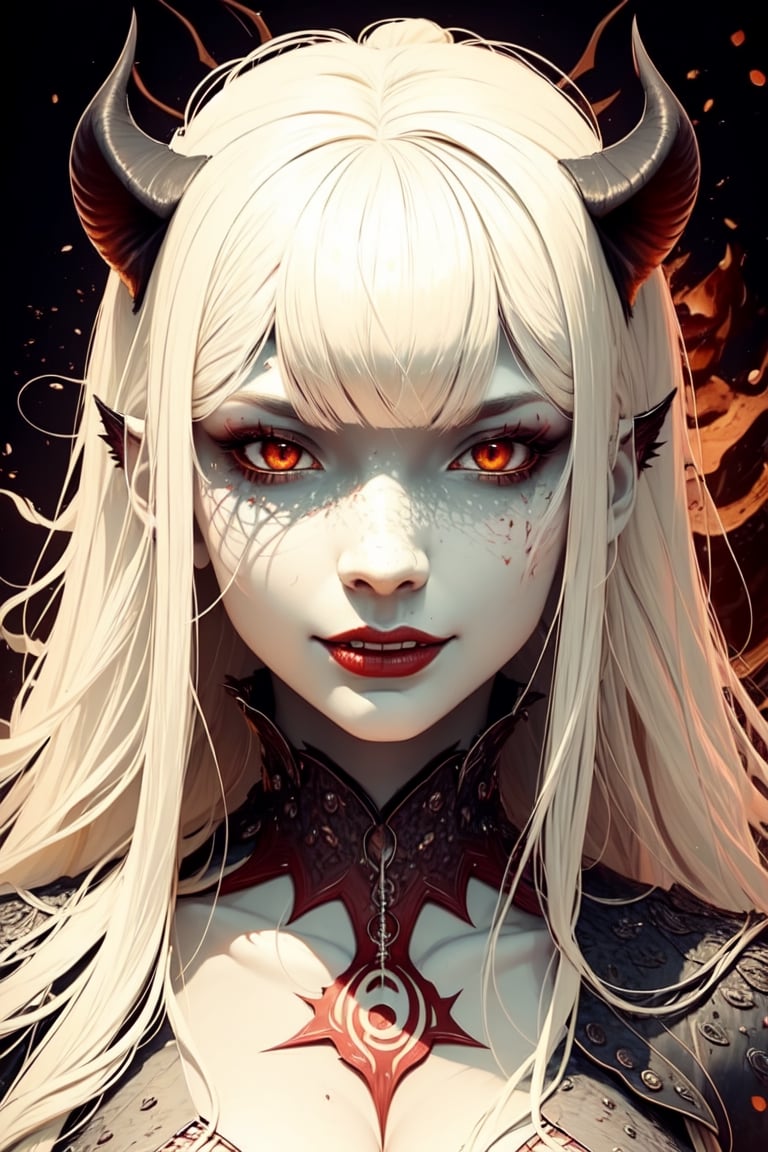masterpiece, best quality, face portrait of a female anthro loona hellhound, loonacroptop, detailed face, detailed eyes, slit pupils, white eyes, red sclera, happy, [smile, [spiked collar], pentagram]