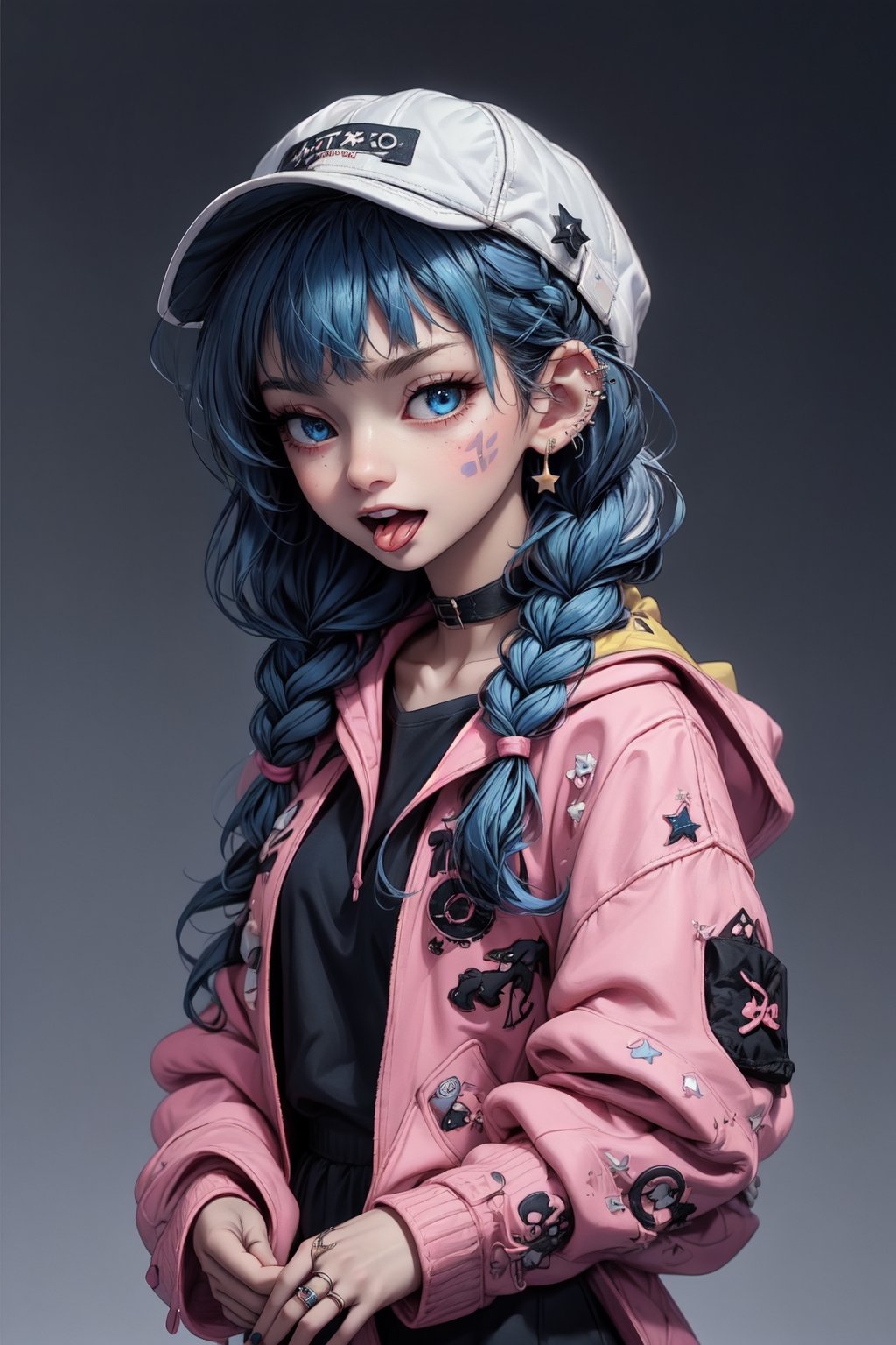 1girl, solo, long hair, looking at viewer, smile, open mouth, bangs, blue eyes, long sleeves, hat, jewelry, blue hair, collarbone, upper body, braid, one eye closed, teeth, choker, tongue, hood, tongue out, star \(symbol\), nail polish, twin braids, v, hoodie, tattoo, black choker, facial mark, piercing, ring, hood down, black nails, clothes writing, baseball cap, backwards hat, tongue piercing, sticker, pink hoodie, nijilorawolf