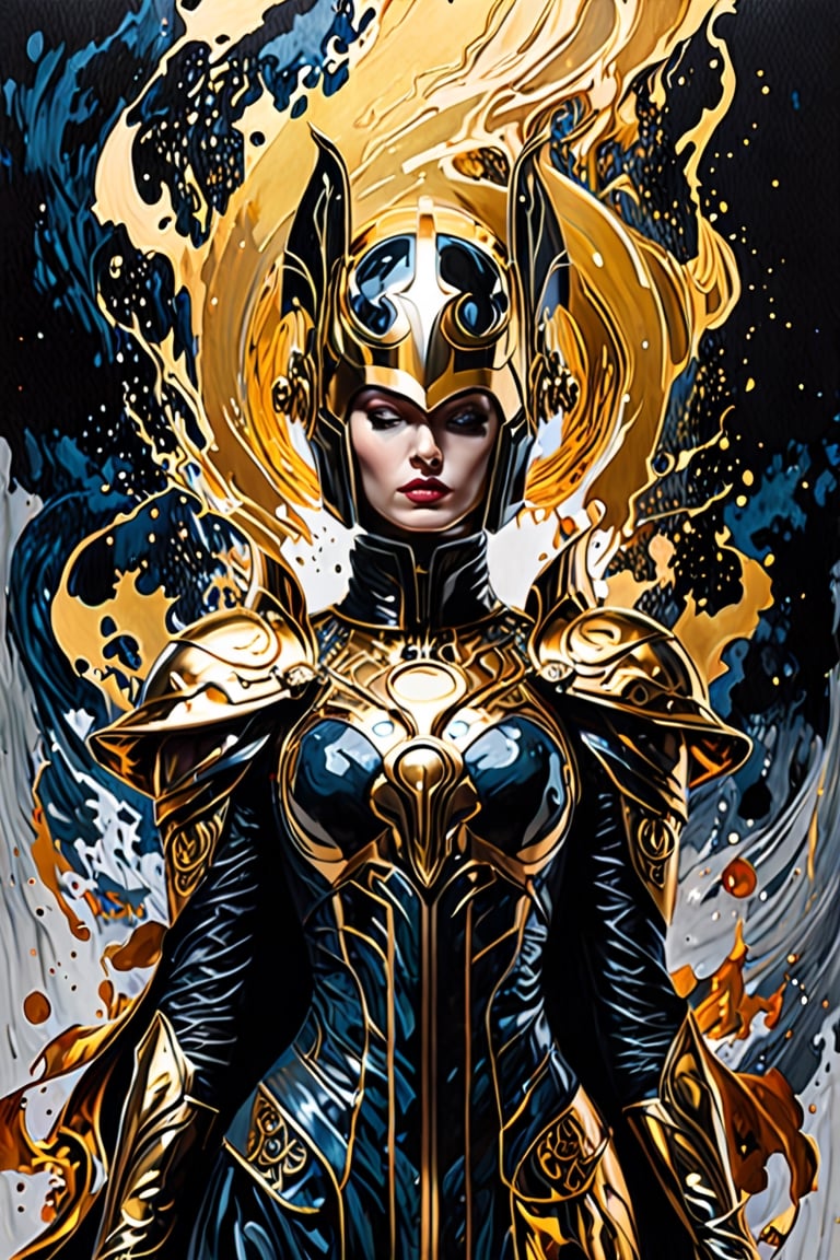 Female version, curvy body, Ultra-Wide angle shot, photorealistic of gothic medieval of thrilling fusion between Ironman and doctor fate, resulting in a new character that embodies elements of both, people, seeBlack ink flow: 8k resolution photorealistic masterpiece: by Aaron Horkey and Jeremy Mann: intricately detailed fluid gouache painting: by Jean Baptiste Mongue: calligraphy: acrylic: colorful watercolor art, cinematic lighting, maximalist photoillustration: by marton bobzert: 8k resolution concept art intricately detailed, complex, elegant, expansive, fantastical, psychedelic realism, dripping paint