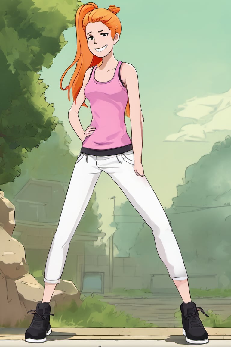 ,  looking at viewer,hand on own hip, outdoors,black footwear,summer.smith, orange hair, 1girl, ponytail, solo, pink tank top, white pants, smile, hand on hip,, score_9, score_8_up, score_7_up, score_6_up