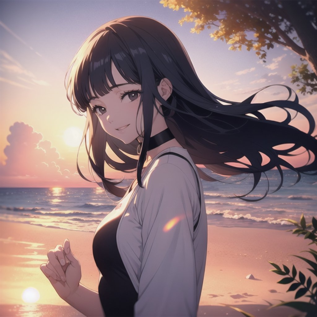(RAW picture), 1girl, daidouji_tomoyo with black eyes, wearing (one-piece swimsuit), happy, at the beach, upper body, soft smile, summer
BREAK
very detailed, full of detail, blue sky, sun, cinematic lighting, sand, wind, sunset, orange lighting