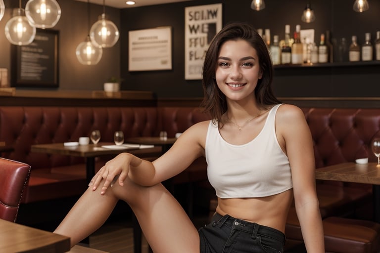 create a stunning 18 years old women; in a restaurant; ultra realistic image; show full body; highly detailed; wearing black shorts; portrait image; smiling face;