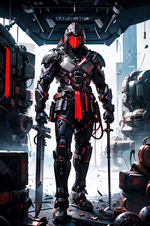 Centurion, city tech wear, black and red color, cool, strong muscle, holding sword, standing in front, looking forward with sharp eyes, in a place full of books, with a movie atmosphere, hydro tech, steam4rmor, demonic tech, hacked tech, sci-fi, cyberpunk