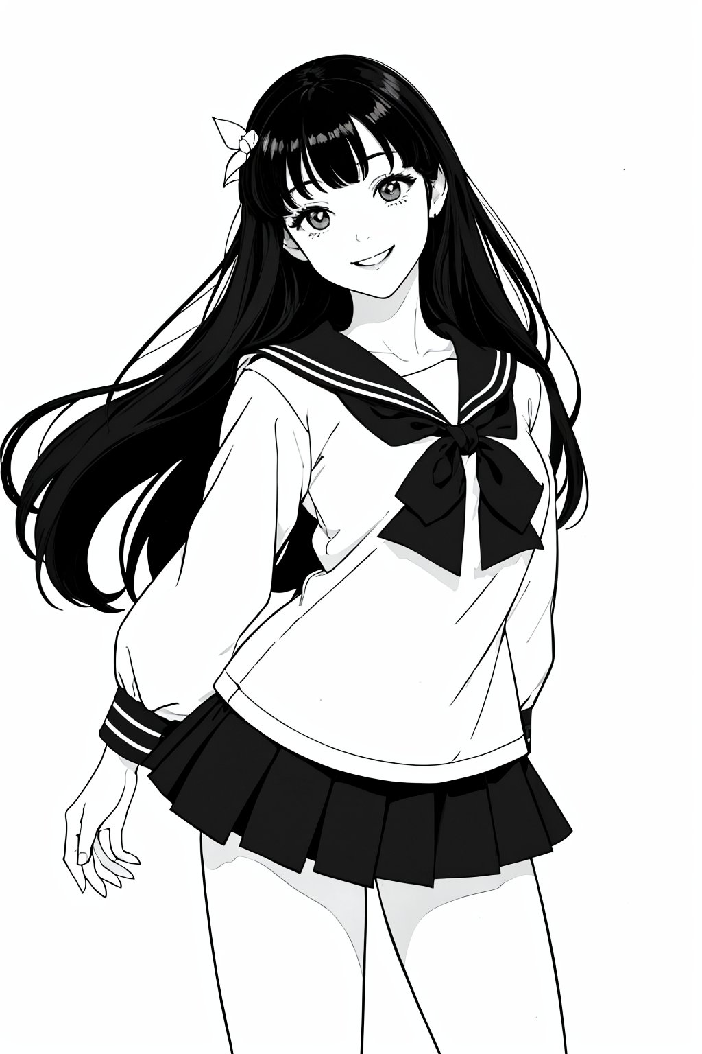 masterpiece,top quality, (simple white background), woman
High school girl, sailor suit, smile
 line drawing,(no color:1.5),,white background,Black distinct lines、line anime,black hair,