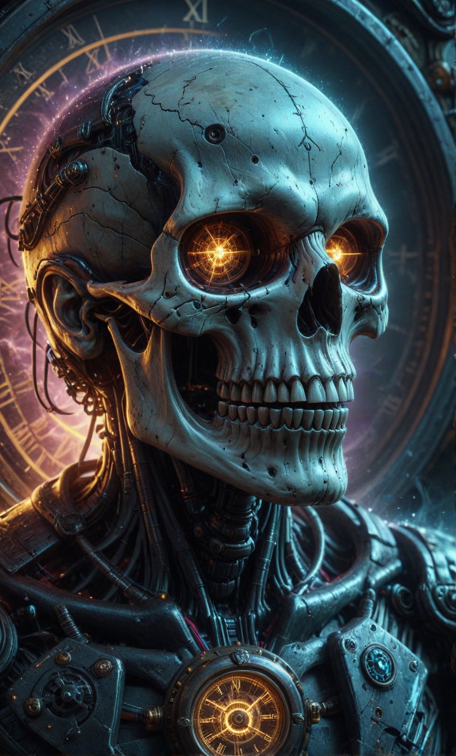 A digital painting of a skull with a clock, stunning cinematic close-up oil painted photo, neon colors, ultra-detailed edges, furious, fierce, magical and delicate line of scientific and technological sense, film sense, HD, detailed light, cinematic, high detail, 4k, cyberpunk, 3D rendering, 32k, hyper detailed, magical and epic, epic light, the most perfect and beautiful image ever created, image taken with Sony A7SIII camera, many details, 8k speed effect, Phi Phenomenon (Marcos Wertheimer), full body,