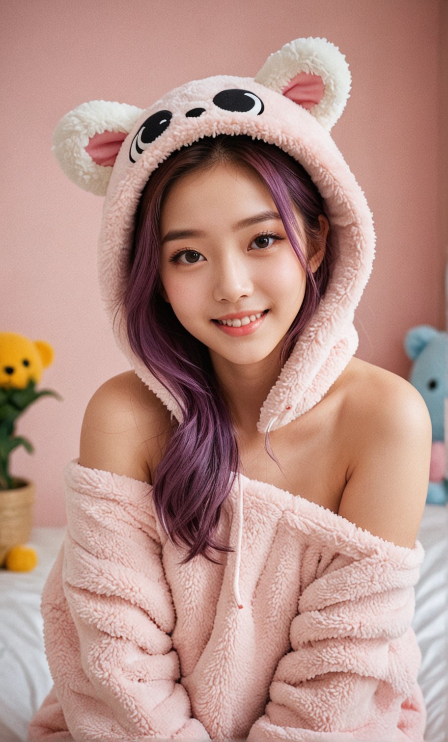 (best quality, masterpiece), most beautiful korean girl, Korean beauty model, stunningly beautiful girl, gorgeous girl, over sized eyes, big eyes, smiling, looking at viewer, off shoulder, (multicolored hair:1.3), clutter girl's lovely room, hugging stuffed animal, fluffy hoodie with animal ears