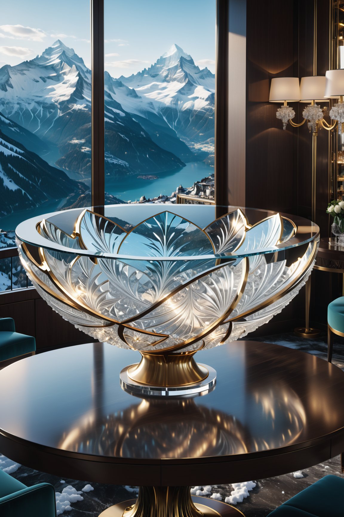 Photorealistic render in high definition of a majestic sculpted glass, on a table in a luxury bar in Switzerland, with snow and mountains, made of sculpted glass in an ornamental parametric style, a cinematic shot in marble and glass with iridescent iridescent effect, detailed explosion of the scenography, with fabrics, full of elegant mystery, symmetrical, geometric and parametric details, Technical design, Ultra intricate details, Ornate details. shutter speed 1/1000, f/22, white balance, vintage aesthetic, retro aesthetic, retro film, dramatic setting, horror film, surreal perspective, science fiction film, shot on fuji color film, detailed facial features, semi-backlighting, backlighting , natural lighting, beautiful artistic conception, ambient lighting, cinematic lighting, soft lighting, volumetric, beautiful lighting, accent lighting, global illumination, tracing ray, optics, dispersion, high contrast, shadows, rough, shimmering, ray traced reflections, spatial reflections Obsolete samplers, diffraction classification, chromatic aberration, no watermark, no logo, no signature