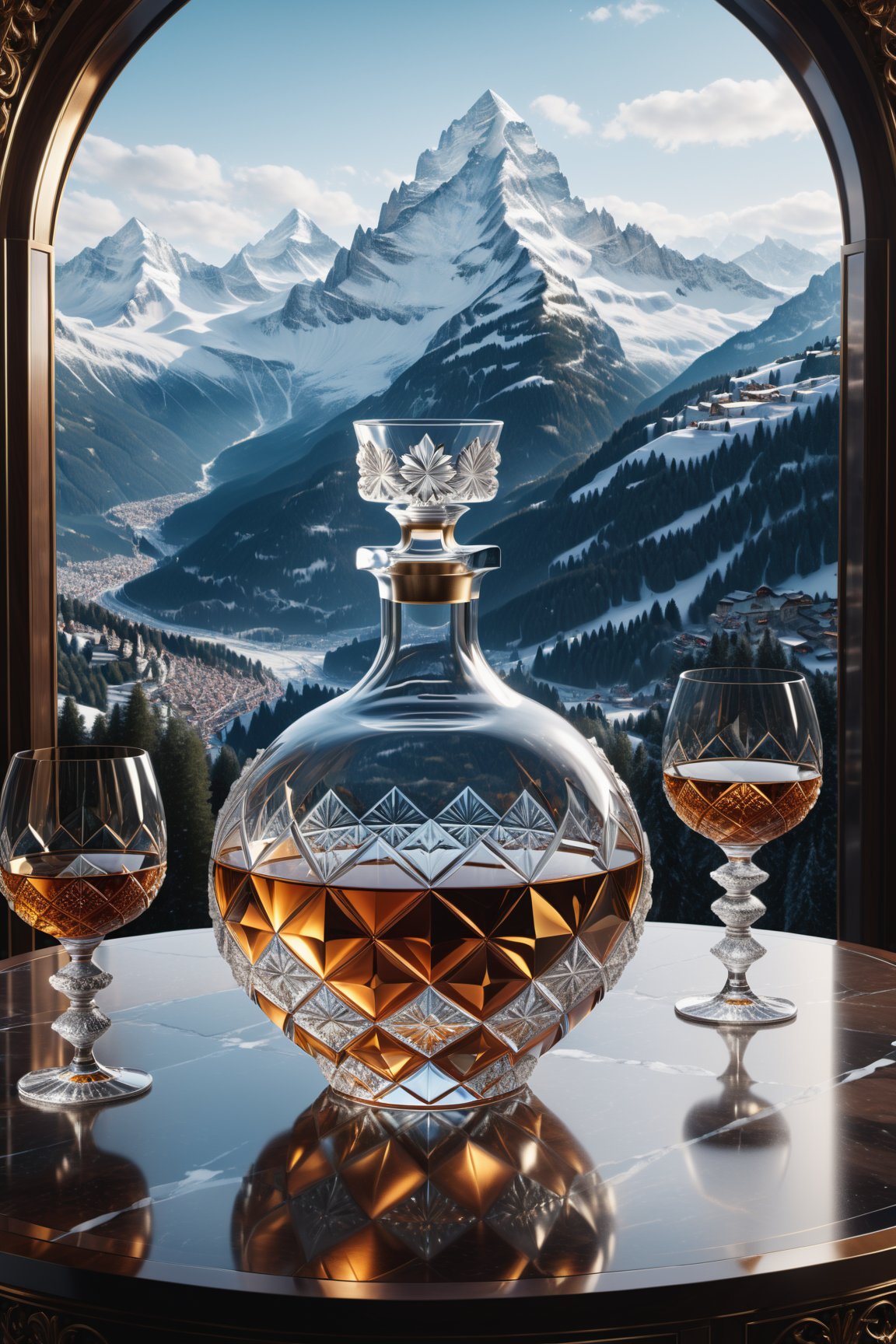  (best quality, highres, ultra high resolution, masterpiece, realistic, extremely photograph, detailed photo, 8K wallpaper, intricate detail, film grains), Photorealistic render in high definition of a majestic decanter with glasses, on a table in a luxury bar in Switzerland, with snow and mountains, made of sculpted glass in an ornamental parametric style, a cinematic shot in marble and glass with iridescent iridescent effect, explosion detailed scenography, with fabrics, full of elegant mystery, symmetrical, geometric and parametric details, technical design, ultra intricate details, ornate details stylized details, cinematic lighting, 8k, Unreal, Photorealistic, Hyperrealism, CGI, VFX, SFX