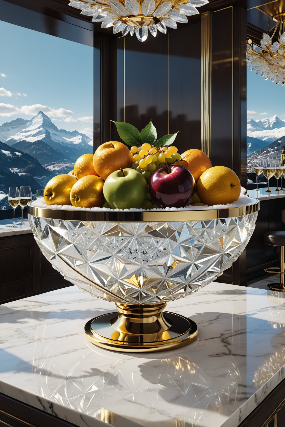 Photorealistic render in high definition of a glass fruit bowl with gold metal details, in a luxury bar in Switzerland, with snow and mountains, made of sculpted glass in an ornamental parametric style, a cinematic shot in marble and glass with an iridescent iridescent effect, Detailed explosion of scenery, with fabrics, full of elegant mystery, symmetrical, geometric and parametric details, Technical design, Ultra intricate details, Ornate details. shutter speed 1/1000, f/22, white balance, vintage aesthetic, retro aesthetic, retro film, dramatic setting, horror film, surreal perspective, science fiction film, shot on fuji color film, detailed facial features, semi-backlighting, backlighting , natural lighting, beautiful artistic conception, ambient lighting, cinematic lighting, soft lighting, volumetric, beautiful lighting, accent lighting, global illumination, tracing ray, optics, dispersion, high contrast, shadows, rough, shimmering, ray traced reflections, spatial reflections Obsolete samplers, diffraction classification, chromatic aberration, no watermark, no logo, no signature