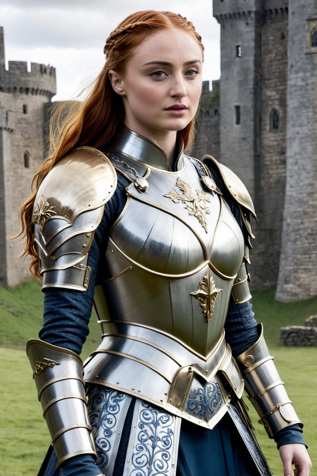 sexy actress Sophie Turner featuring Sansa Stark, Female Knight standing tall, clad in gleaming gilded armor adorned with an abundance of ornaments that shimmer and shine. Her armor is a masterpiece of craftsmanship, boasting intricate details and engravings that seem to dance across her imposing physique. In one hand, she wields a sword, its blade etched with runes that pulse with energy. The sword appears to be an extension of her unyielding spirit, forged from countless battles and victories, Castle background
