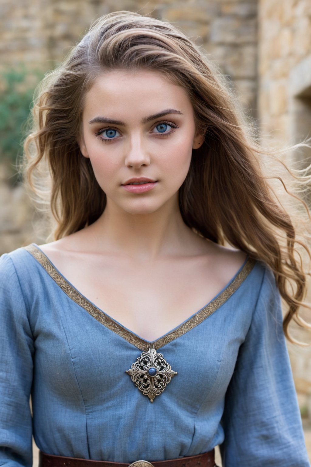 A serene young beauty, 18 years old, stands before us, her slender yet curvaceous figure showcased in a medieval setting. Her striking blue eyes, framed by delicate eyelashes, meet the camera's gaze directly. Thin, downward-turned lips hint at a subtle sensuality. A model-like face, with high cheekbones and defined jawline, is accentuated by the soft, brown tangles of her hair, which fall messily across her forehead. The worn, earthy tones of her medieval attire - a faded cloak and tunic - blend seamlessly with the rustic village backdrop. The subject's collarbone stands out prominently, as if defining the lines of her elegant neck. Her gaze is direct, inviting the viewer to step into her world.
