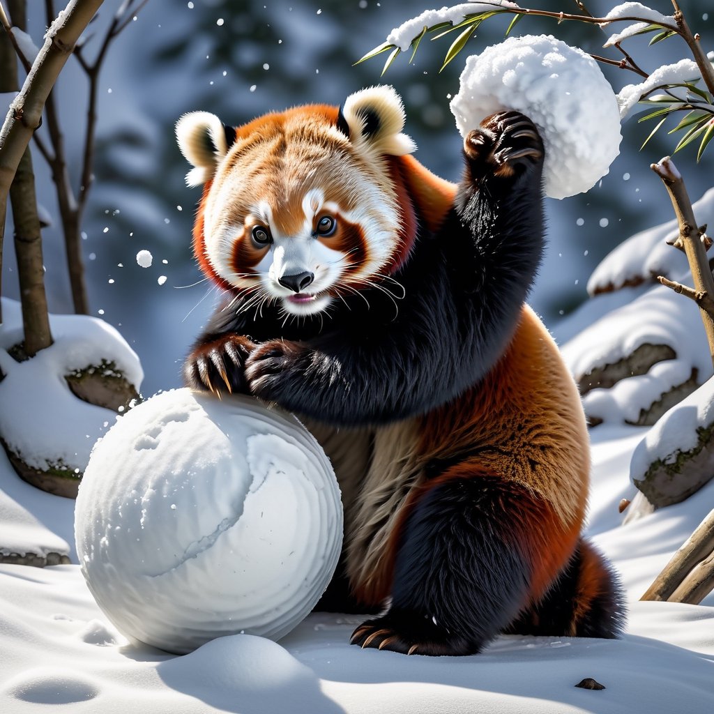 Red panda rolling a snowball, super detailed, Sumi-E style.