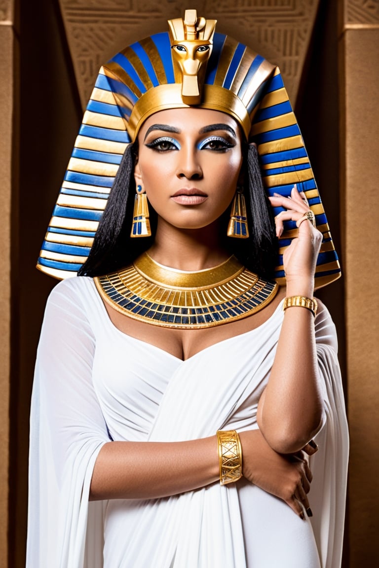 Unleash your inner Egyptian goddess with this Modelshoot Style prompt featuring the legendary Queen Cleopatra. Imagine yourself in a lavish palace, surrounded by lush gardens and fountains, dressed in a stunning white and gold ensemble fit for a queen.