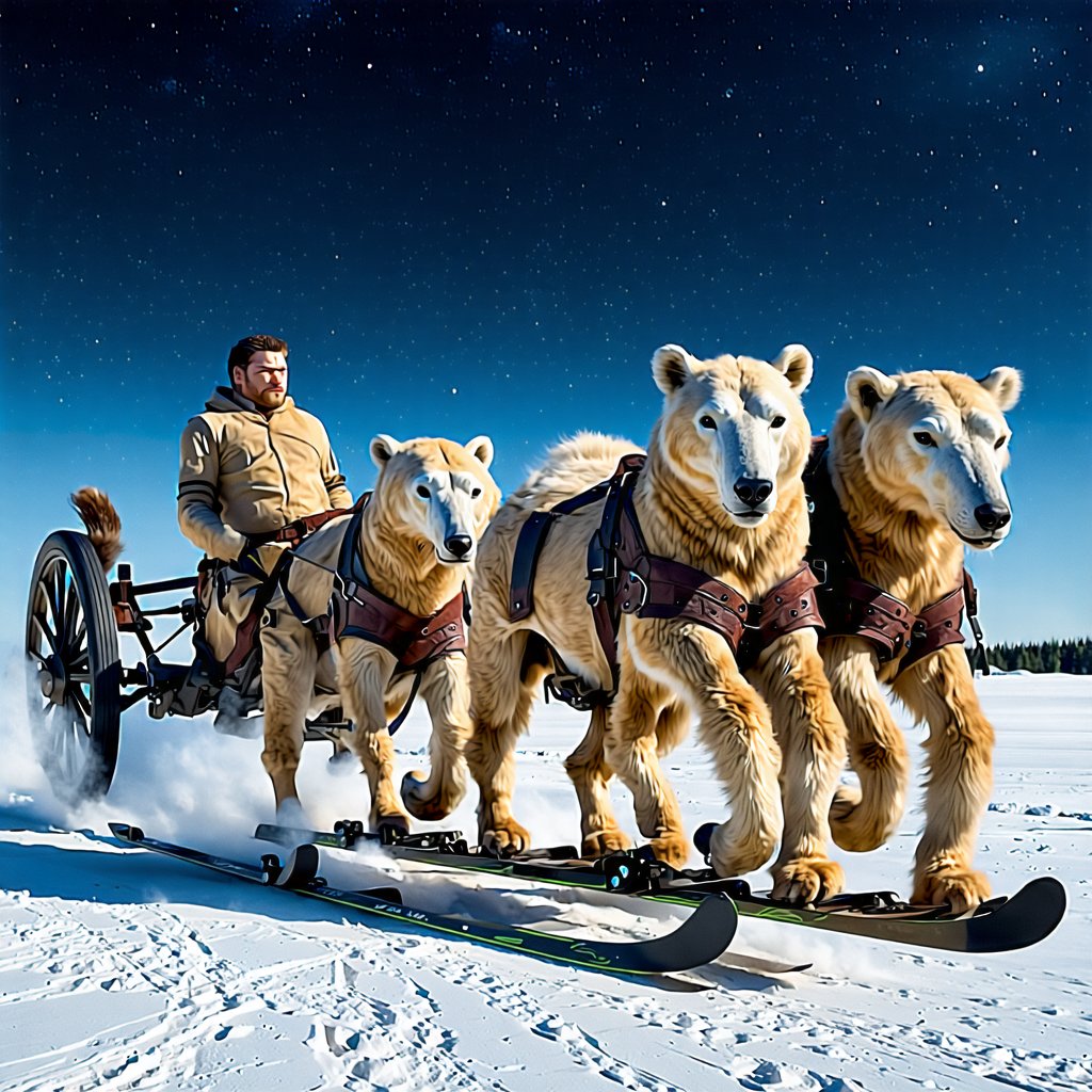 A majestic chariot, forged from bronze and silver, emerges on the icy landscape. The intricate patterns on its armor-like plating evoke the mystical night visitor's attire. Four imposing iron-encased wheels glide effortlessly on polished ebony skis. Four massive, elongated creatures, a polar bear variant from John Ducker's world, are harnessed to the chariot. Their larger bodies and longer legs propel them forward in a skipping gait as they drag the chariot across the frozen expanse.