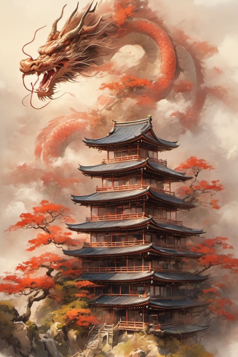 japanese art, old japan bulding, high_resolution, high detail, ,dragon-themed