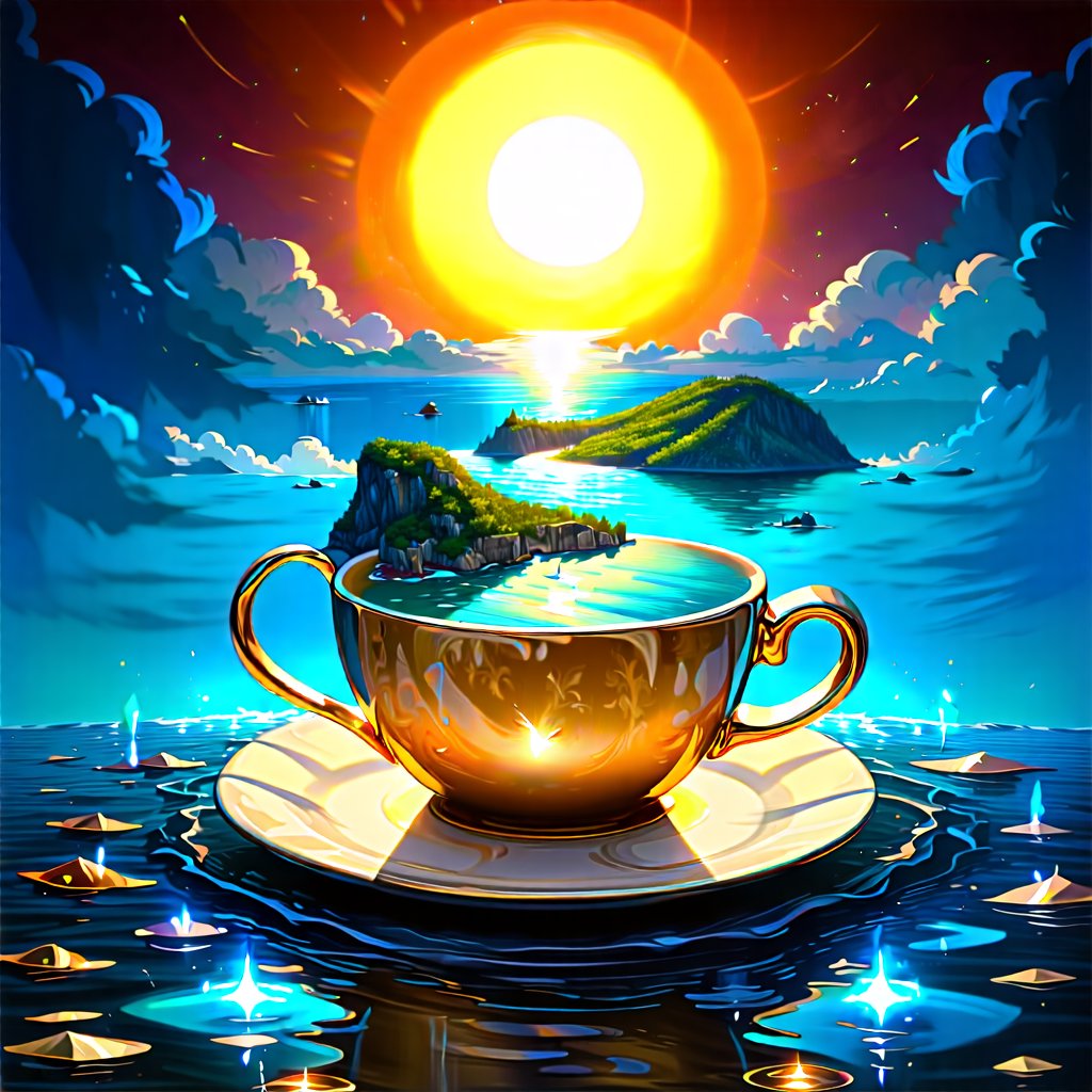 (digital painting, surrealism:1.2), magical world inside a coffee cup, sea and islands floating on the surface, small sun shining above the cup, dreamlike atmosphere, fantastical colors blending seamlessly, swirling lights dancing across the miniature landscape, surreal and enchanting mood, intricate details in every whimsical element, a sense of wonder and magic encapsulated in a single cup