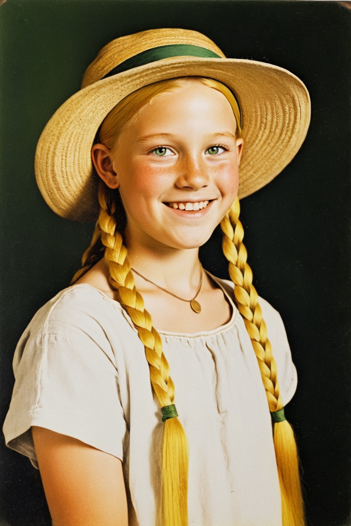 artist Indiana Johns, young girl, 14 year old, solo, completely naked, archaeologist, yellow hair, long braids, open forehead, panama hat, green eyes,  scorching sun, sweet smile, rarity, antiques, archeology, antiquity, archaeological excavation, divine, radiance, official art, stile Indiana Johns
